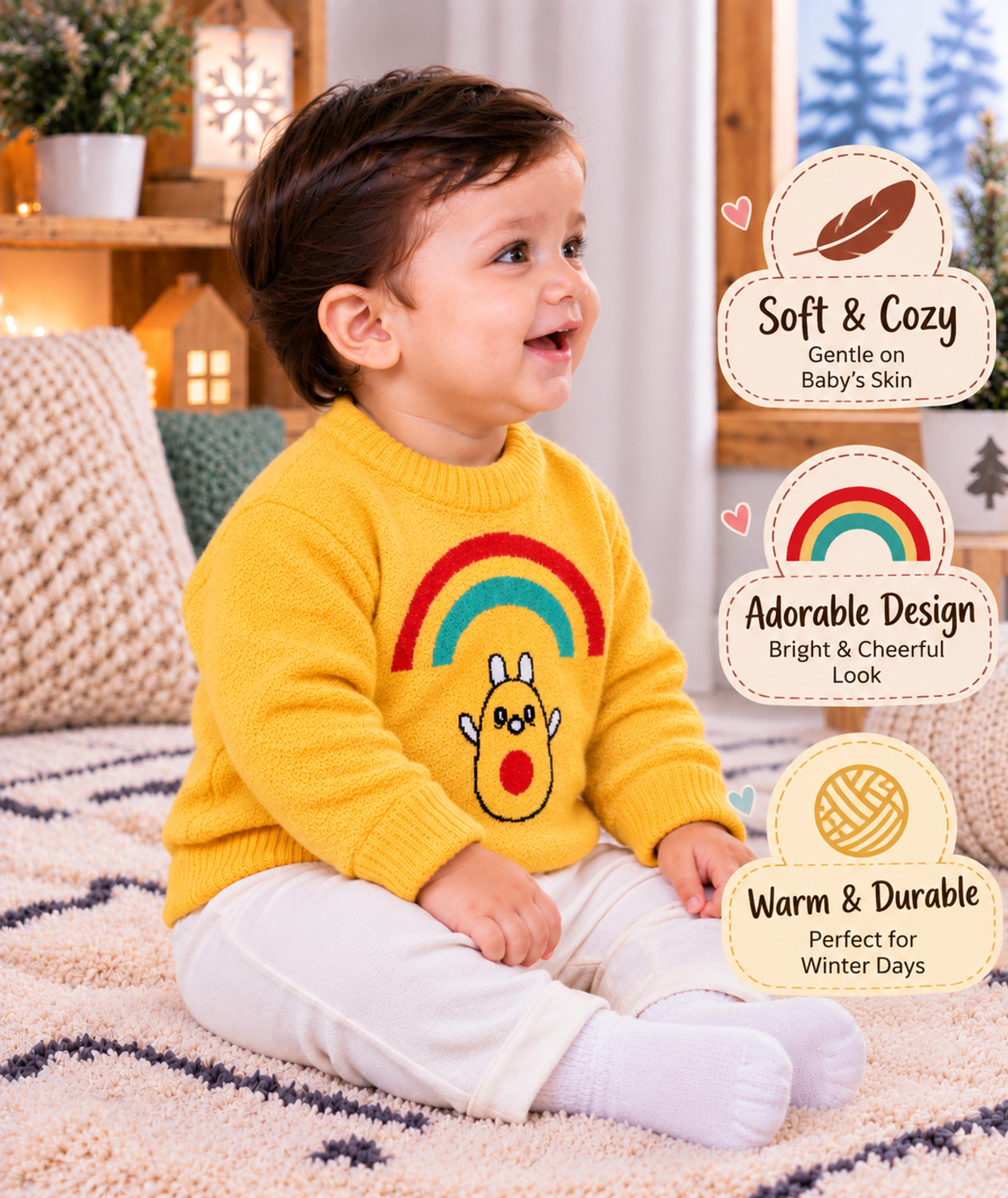 Image of Fit N Fame Baby Boys Self Design Round Neck Yellow Sweater