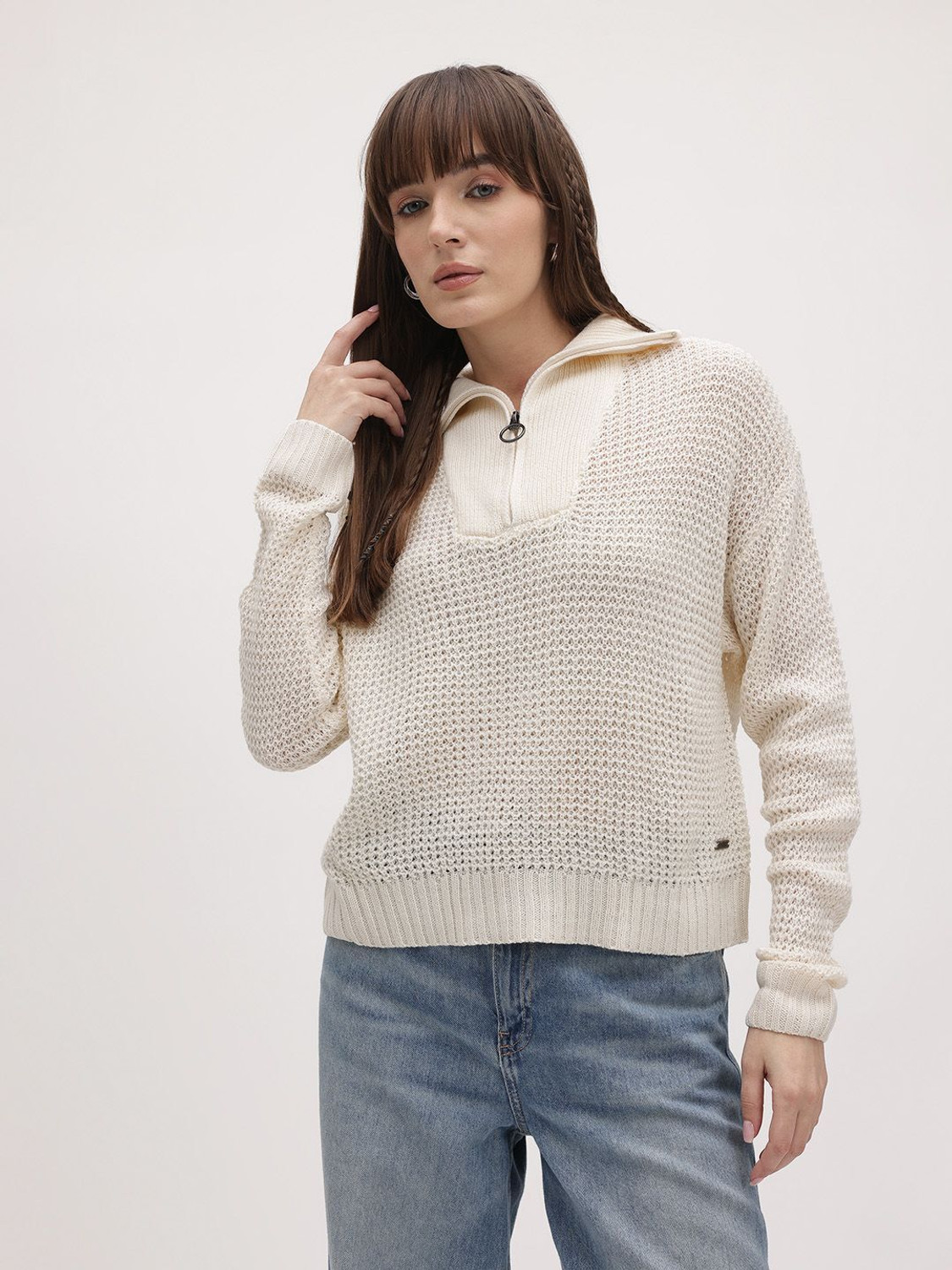 Image of Roadster Women Self Design Collared Neck White Sweater