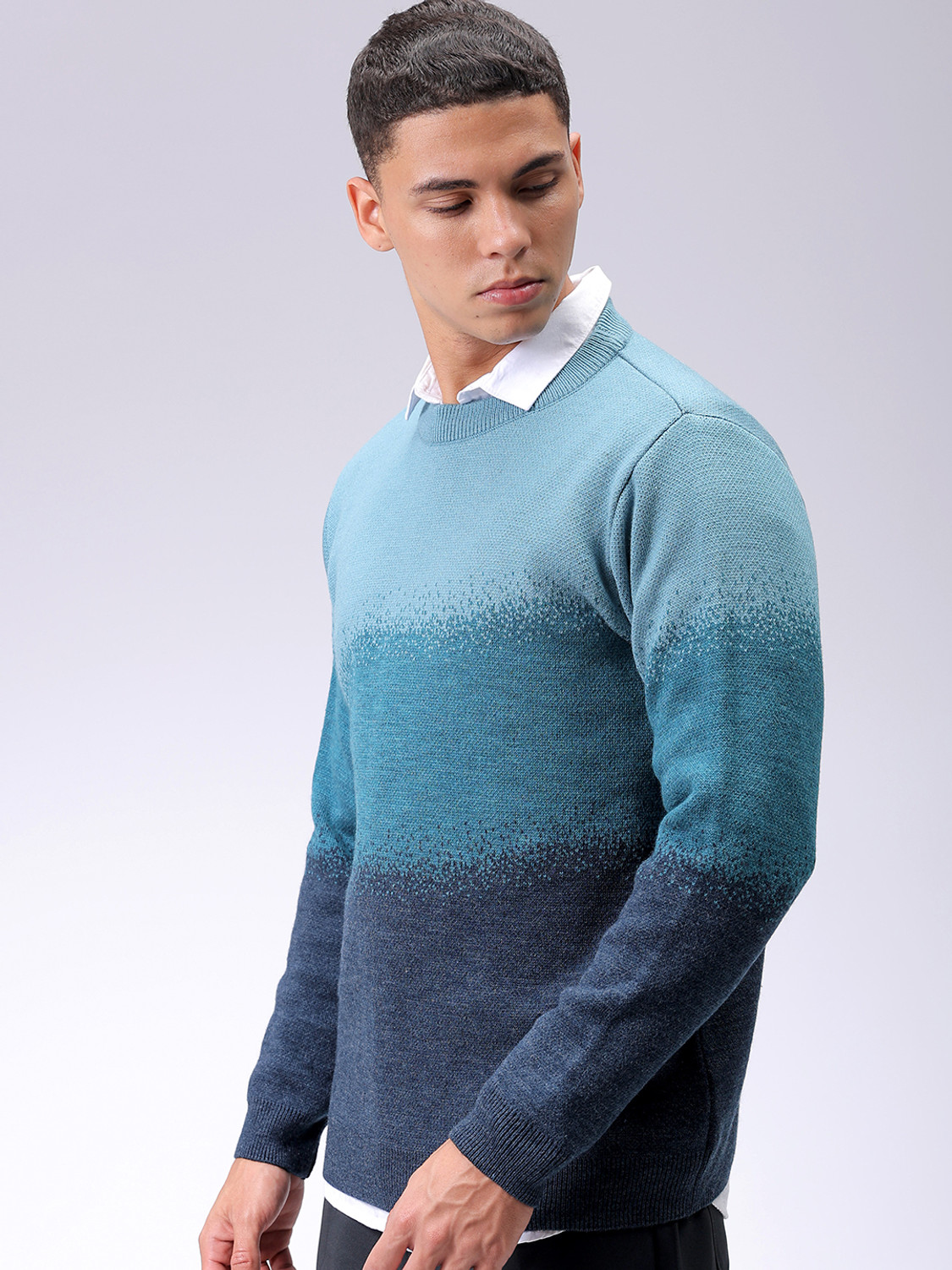 Image of The Indian Garage Co. Self Design Crew Neck Casual Men Blue Sweater