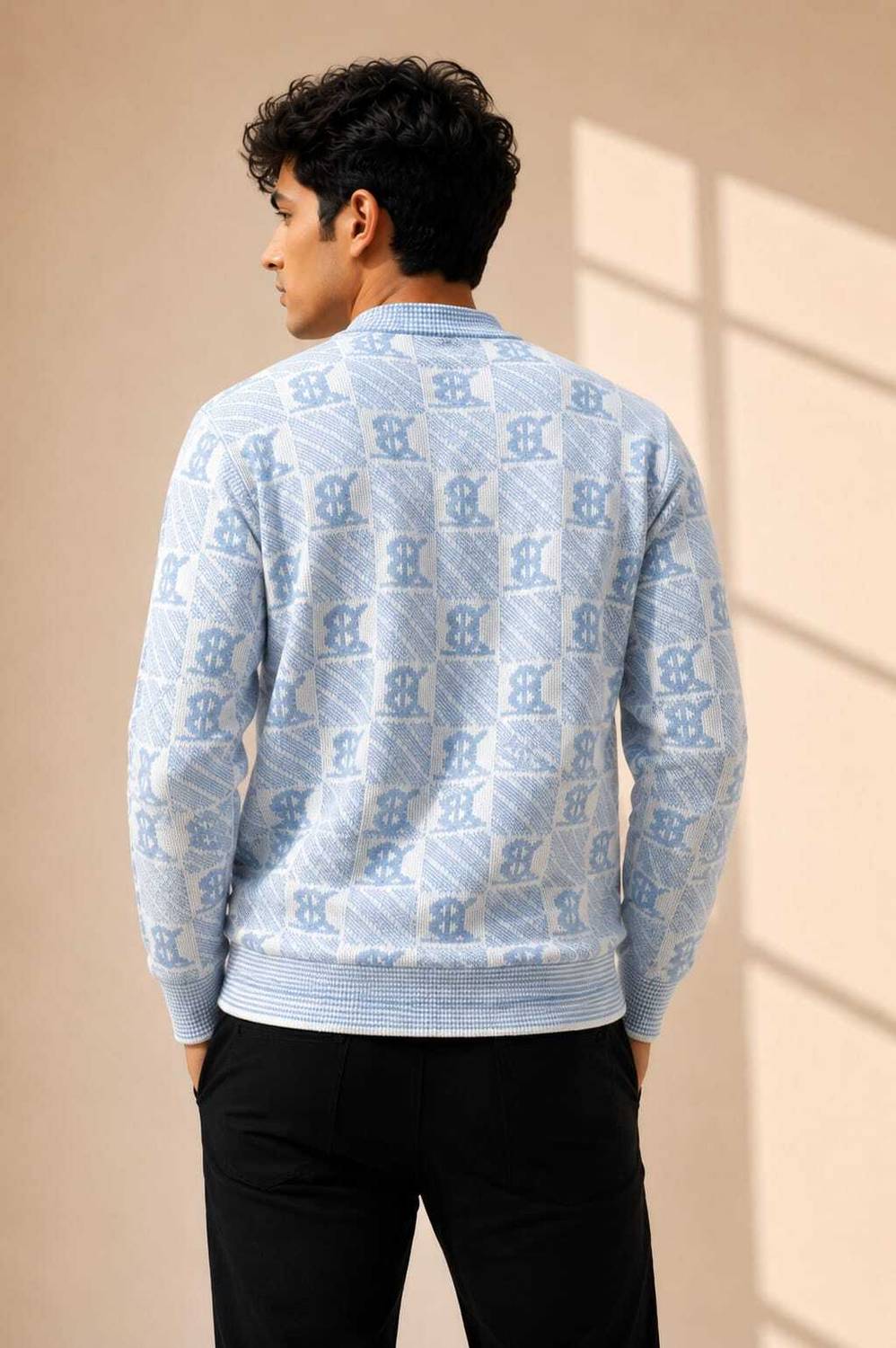 VEERA Men Light Blue, White Crew Neck Sweater - Image 2