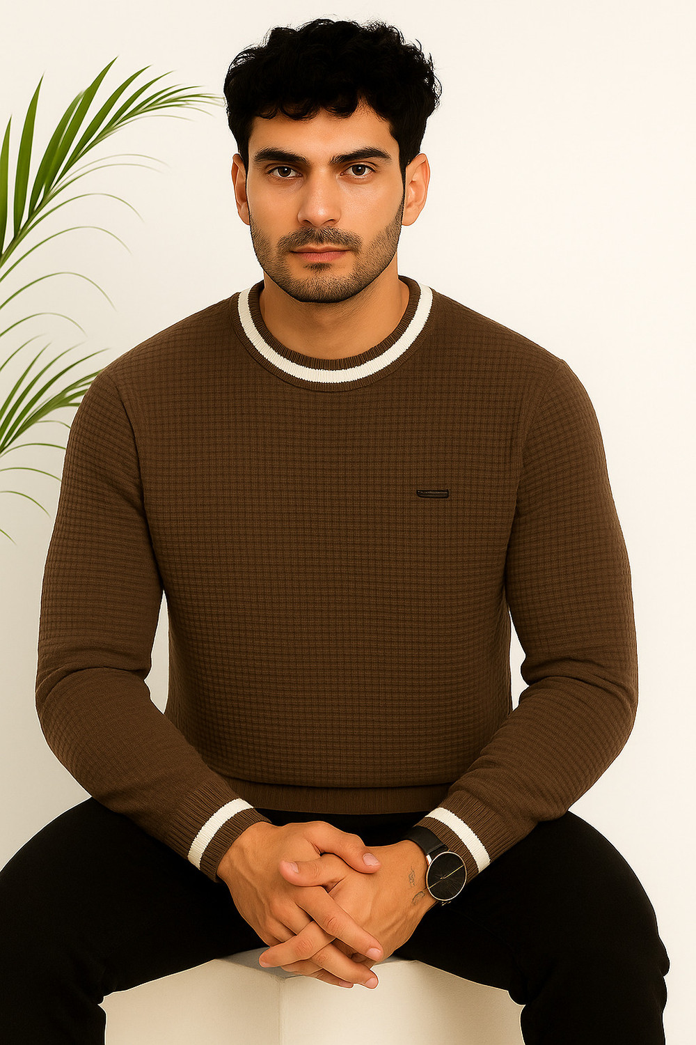 Image of WULVEE Self Design Round Neck Casual Men Brown Sweater