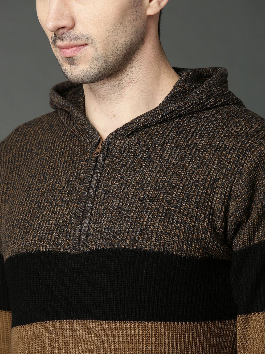 Image of Roadster Colorblock Hooded Neck Casual Men Brown Sweater