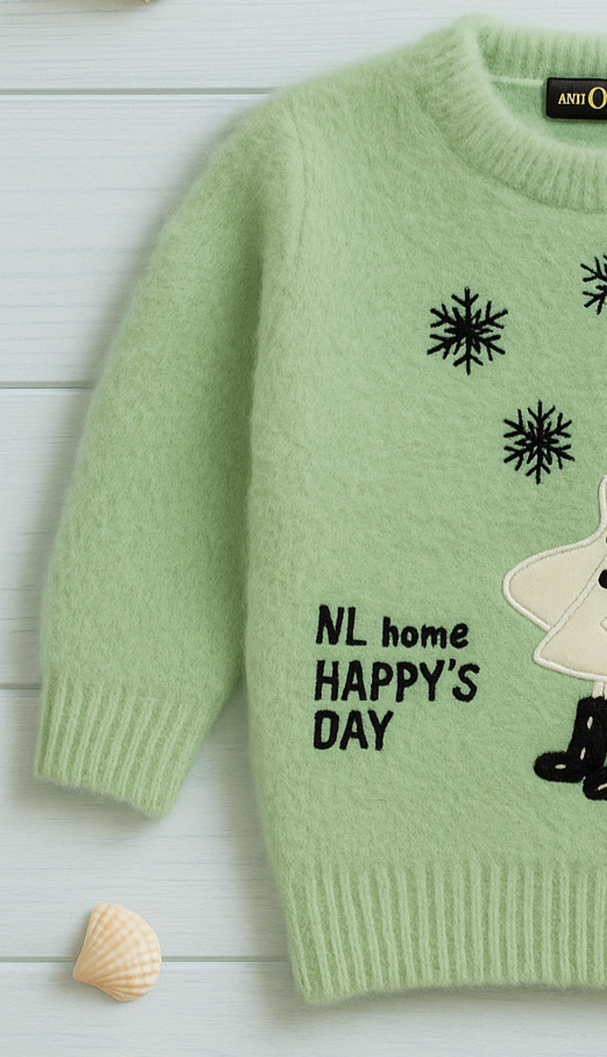 Image of GTwo Applique Round Neck Casual Girls Light Green Sweater