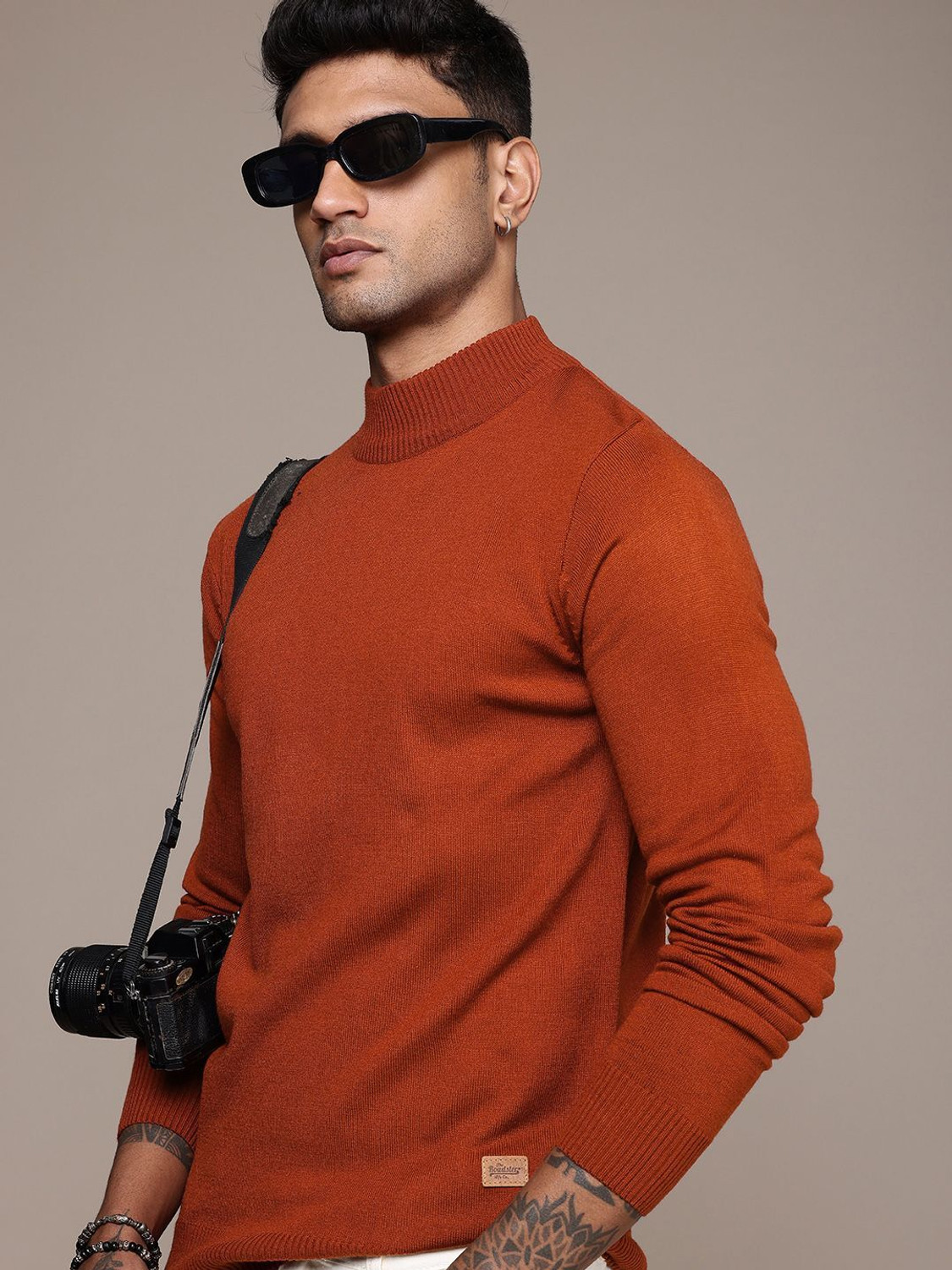 Image of Roadster Solid High Neck Casual Men Red Sweater