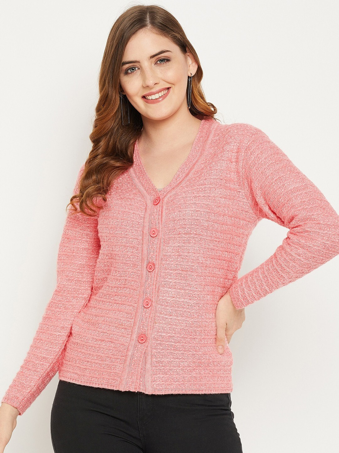 Image of Zigo Self Design V Neck Casual Women Pink Sweater