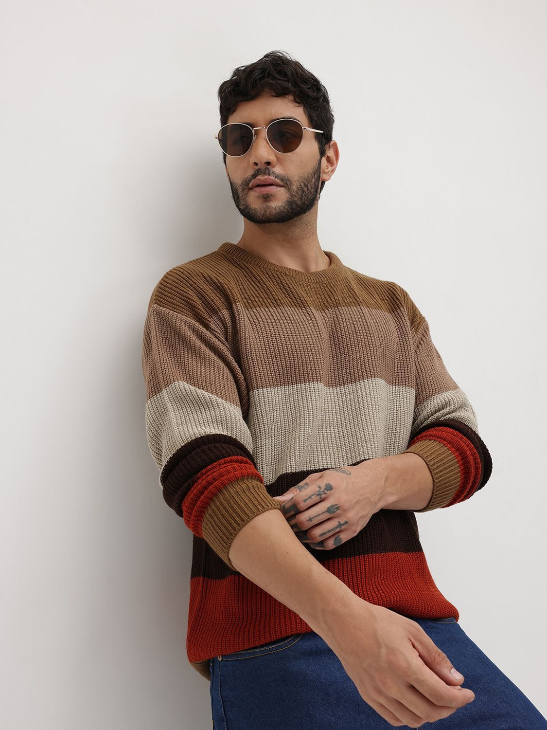 Image of Roadster Striped Round Neck Casual Men Brown Sweater