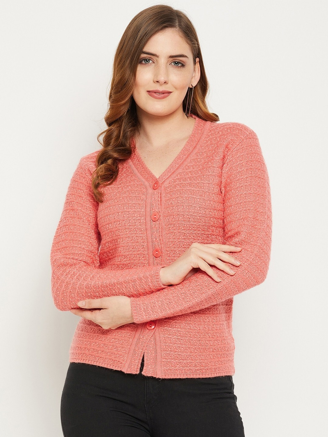 Image of Zigo Self Design V Neck Casual Women Pink Sweater