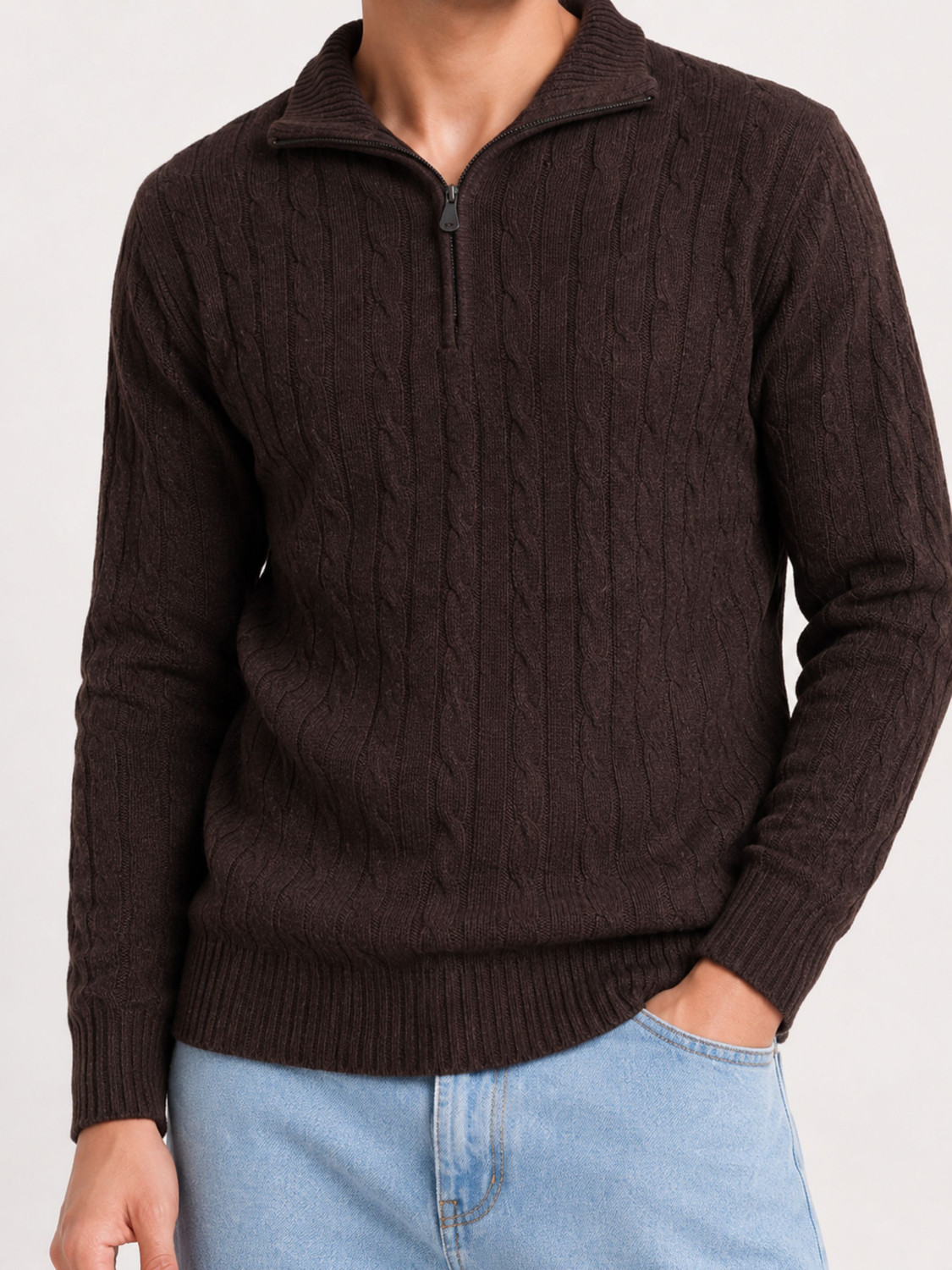 Image of Clubble Self Design Collared Neck Casual Men Brown Sweater