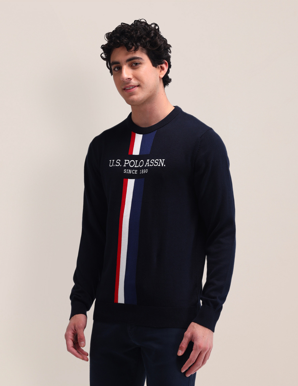 Image of U.S. POLO ASSN. Men Graphic Print Crew Neck Blue Sweater