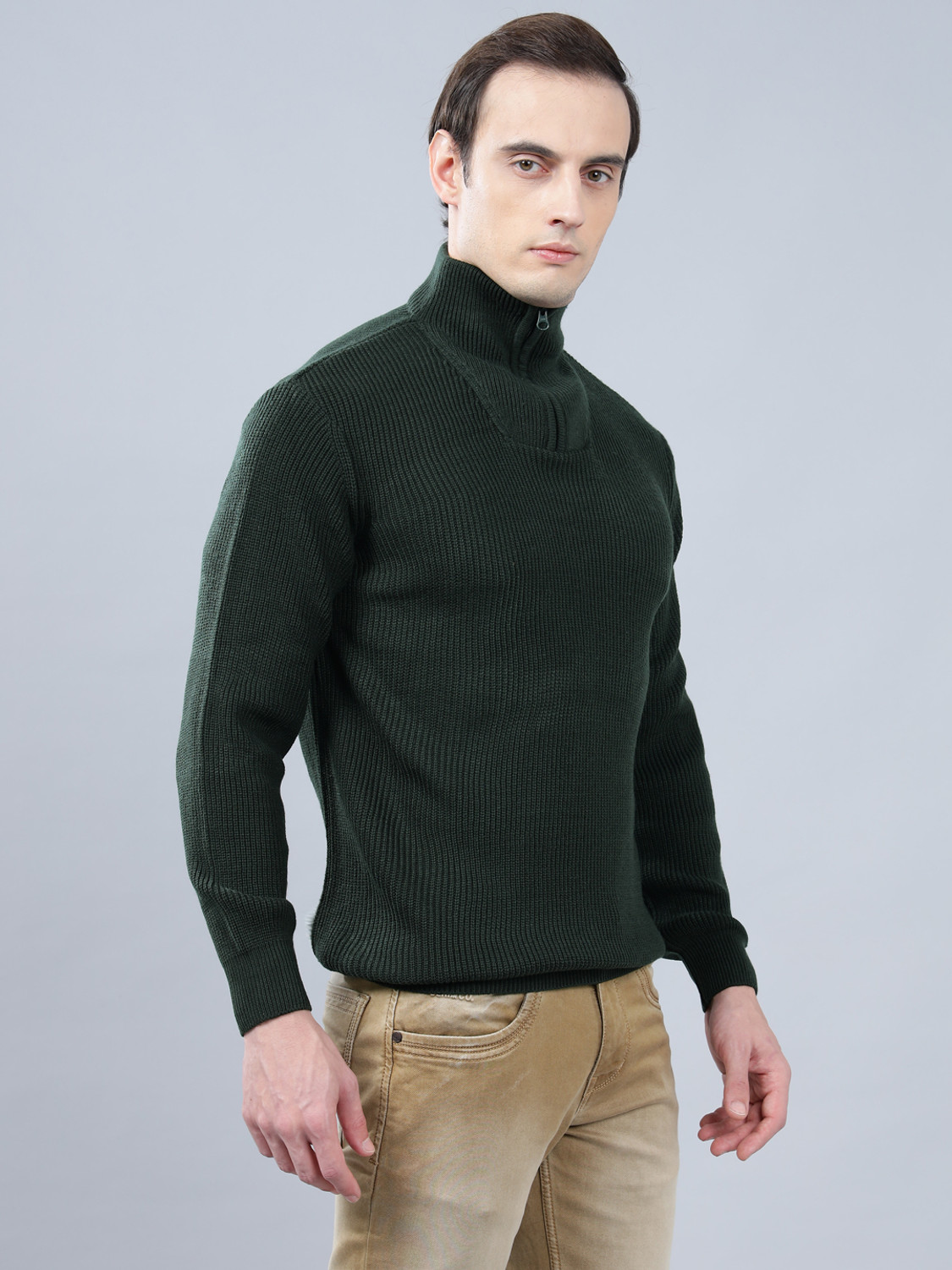 Image of CANTABIL Men Solid Mandarin Neck Dark Green Sweater