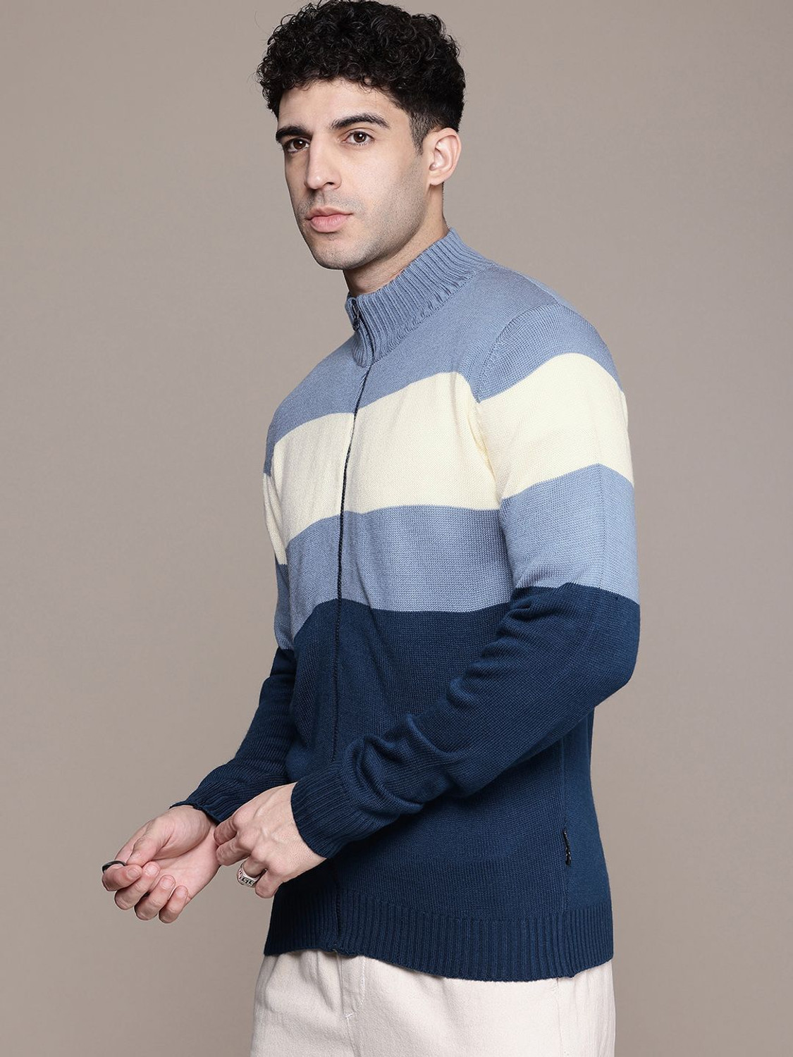 Image of Roadster Colorblock High Neck Casual Men Blue Sweater