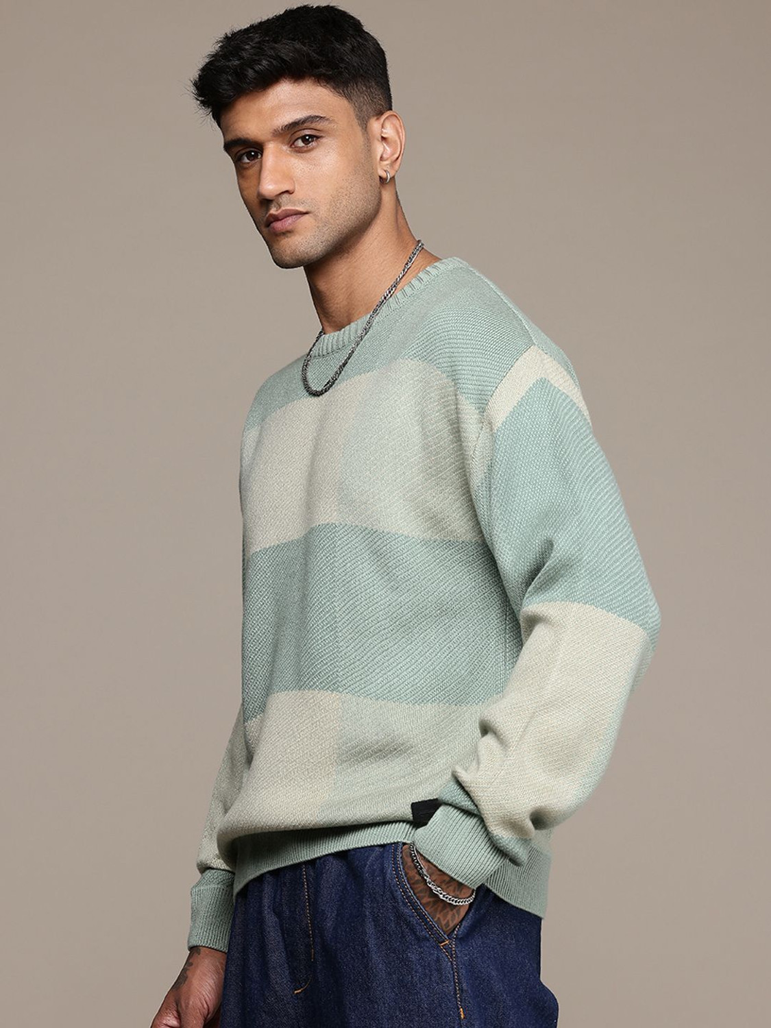 Image of Roadster Self Design Round Neck Casual Men Green Sweater