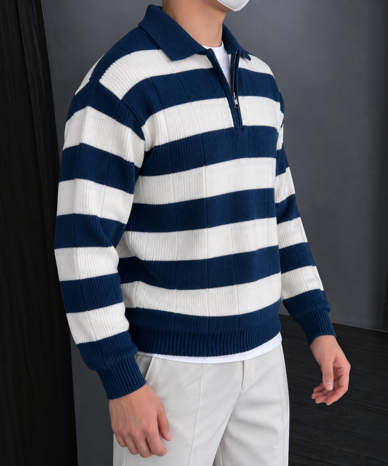 Image of CANBLAR Men Striped Collared Neck Dark Blue Sweater