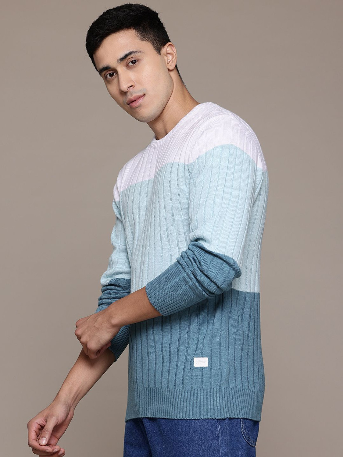 Image of Roadster Colorblock Round Neck Casual Men Blue Sweater