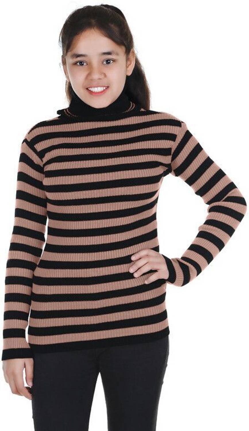 100LUCK Striped Turtle Neck Casual Girls Black, Beige Sweater