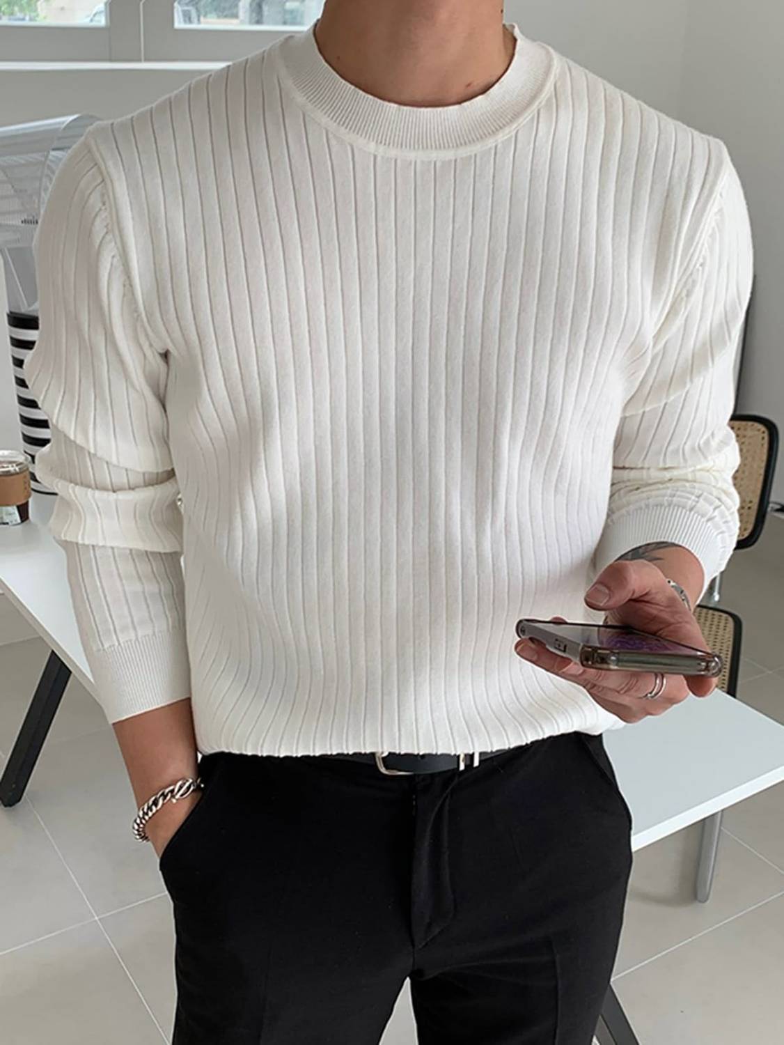 ADELWEAR Solid Crew Neck Casual Men White Sweater