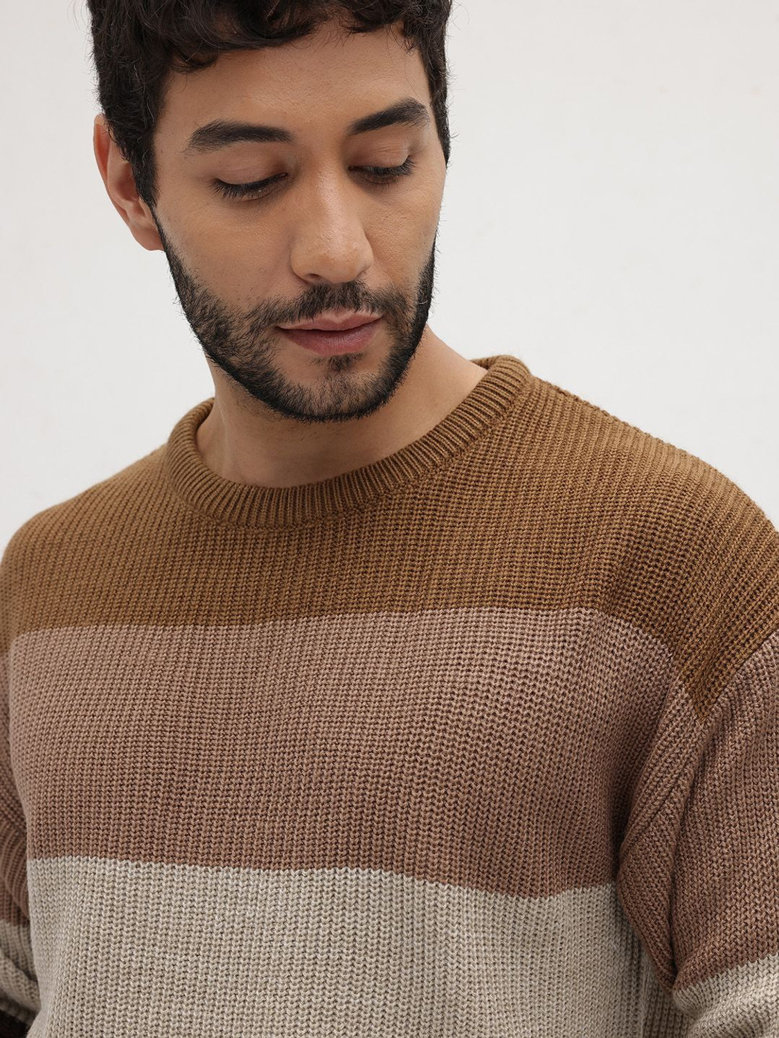 Image of Roadster Striped Round Neck Casual Men Brown Sweater