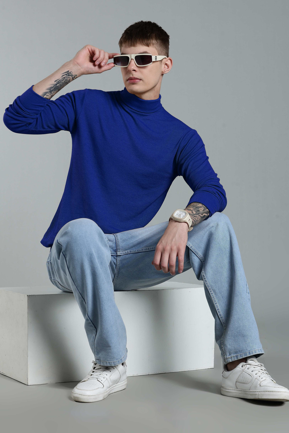 Image of Jalapeno Solid High Neck Casual Men Blue Sweater