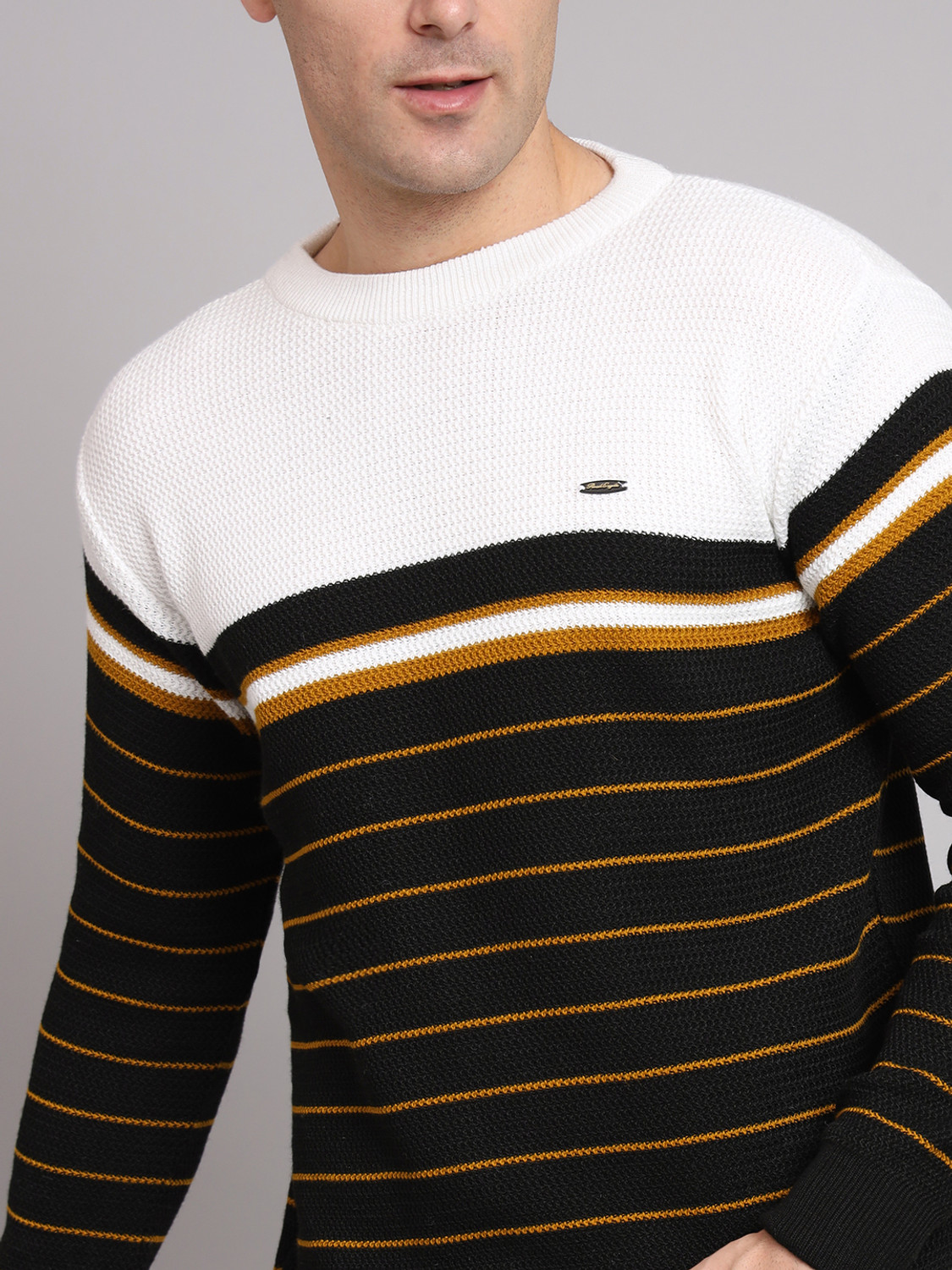 Image of eWools Striped Round Neck Casual Men White Sweater