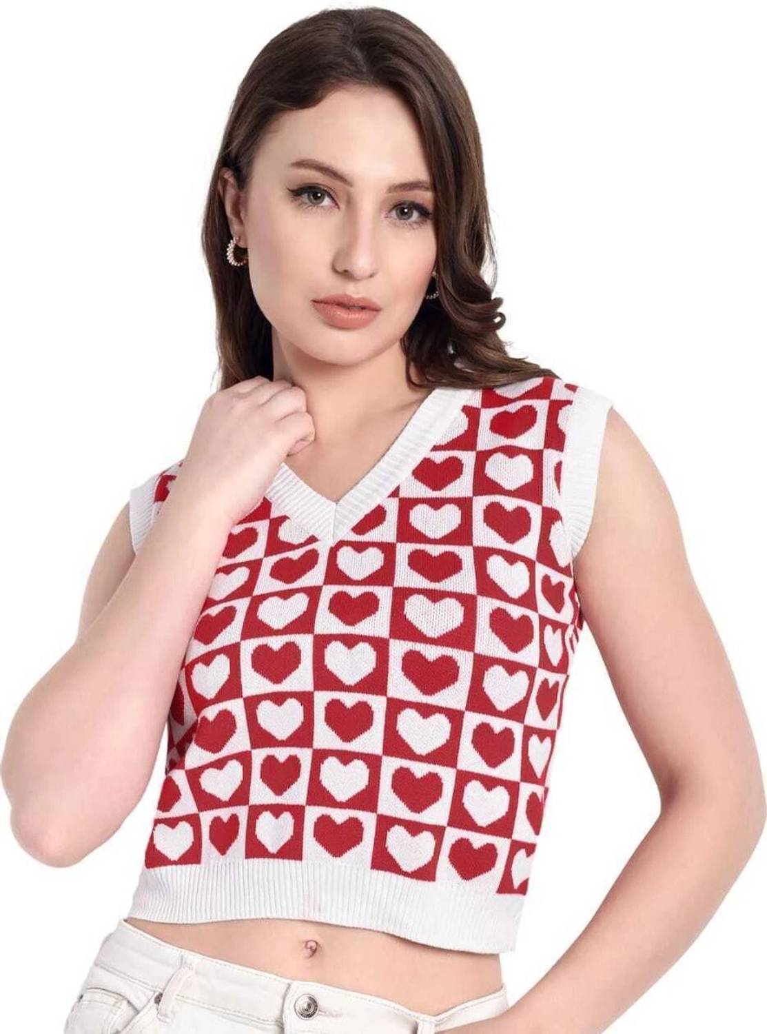 Aarnits Self Design V Neck Formal Women Red Sweater