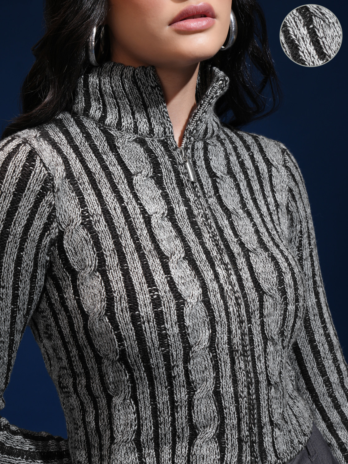 Image of Tokyo Talkies Self Design High Neck Casual Women Grey, Black Sweater