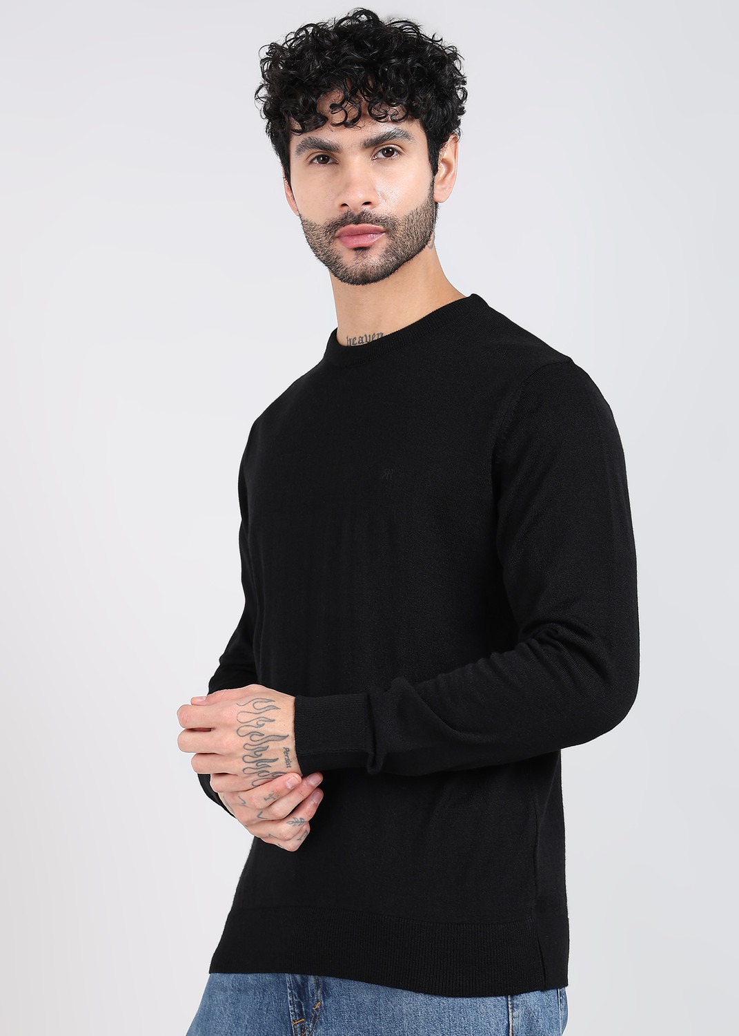 Image of Raymond Solid Crew Neck Casual Men Black Sweater