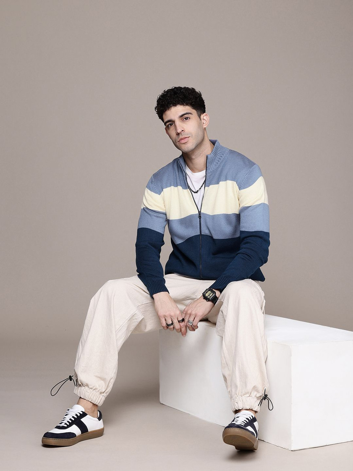 Image of Roadster Colorblock High Neck Casual Men Blue Sweater