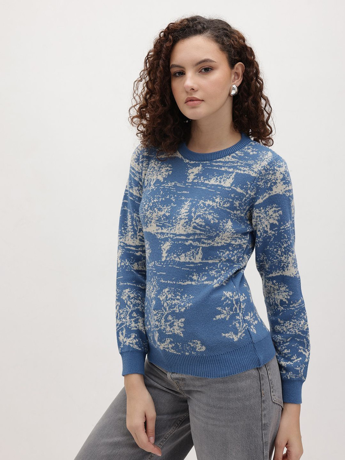 Image of Roadster Self Design Round Neck Casual Women Blue Sweater
