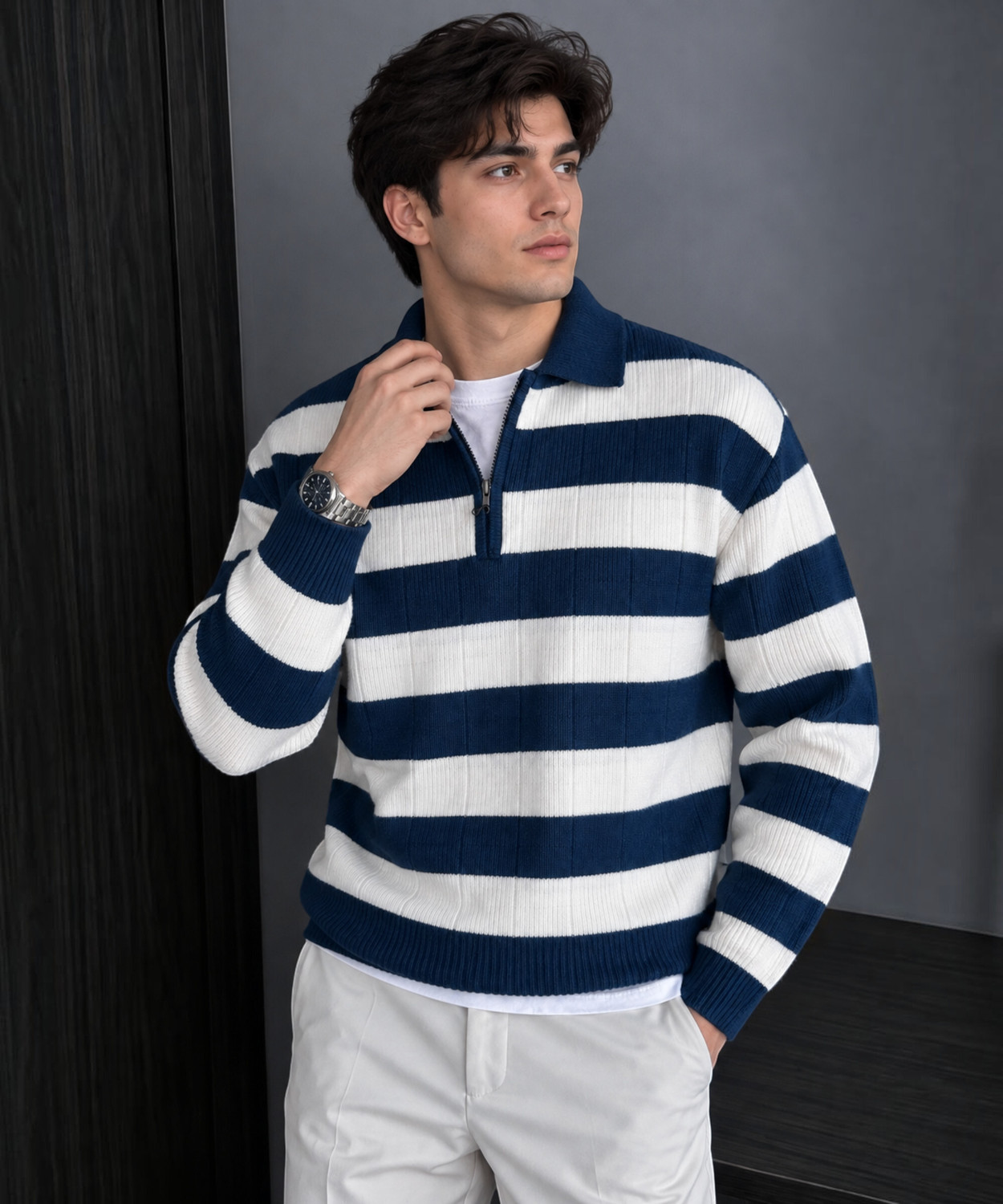 Image of CANBLAR Men Striped Collared Neck Dark Blue Sweater