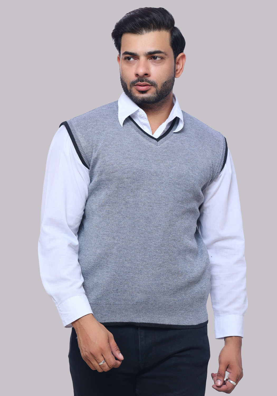 Image of NATRIS Self Design V Neck Casual Men Grey Sweater