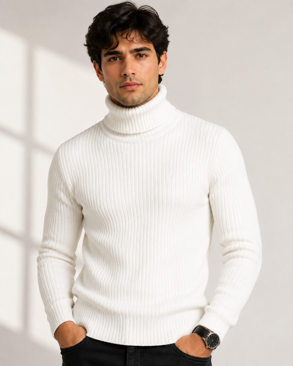 Image of Alltribe Men Solid High Neck White Sweater