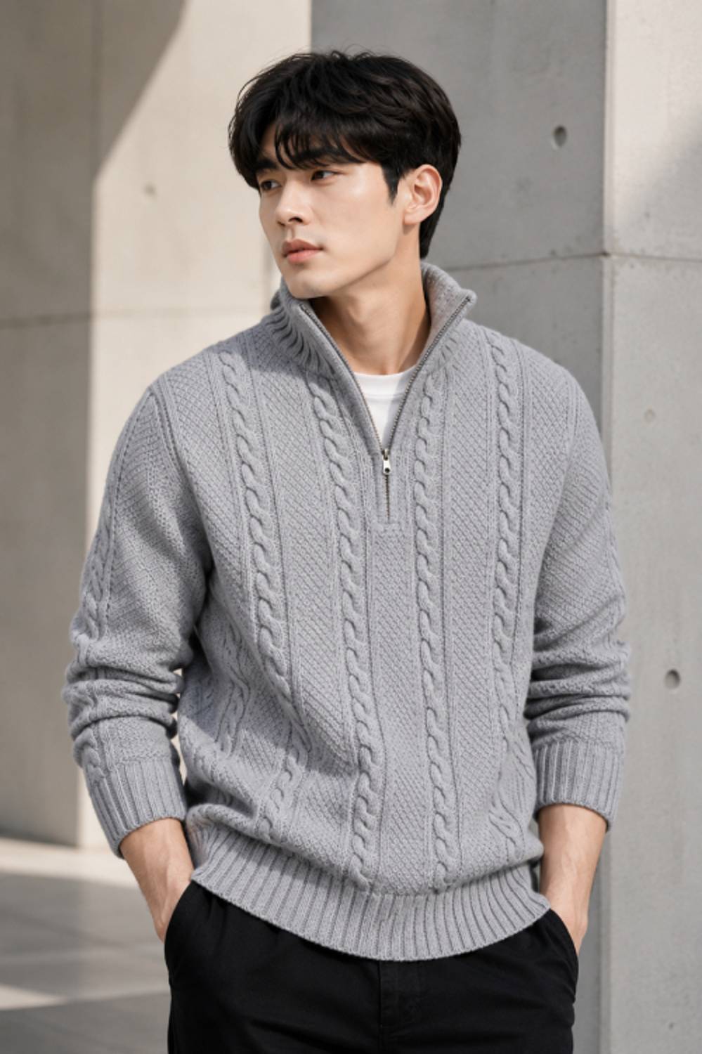 Cat Bunny Grey High Neck Men's Sweater - Image 1