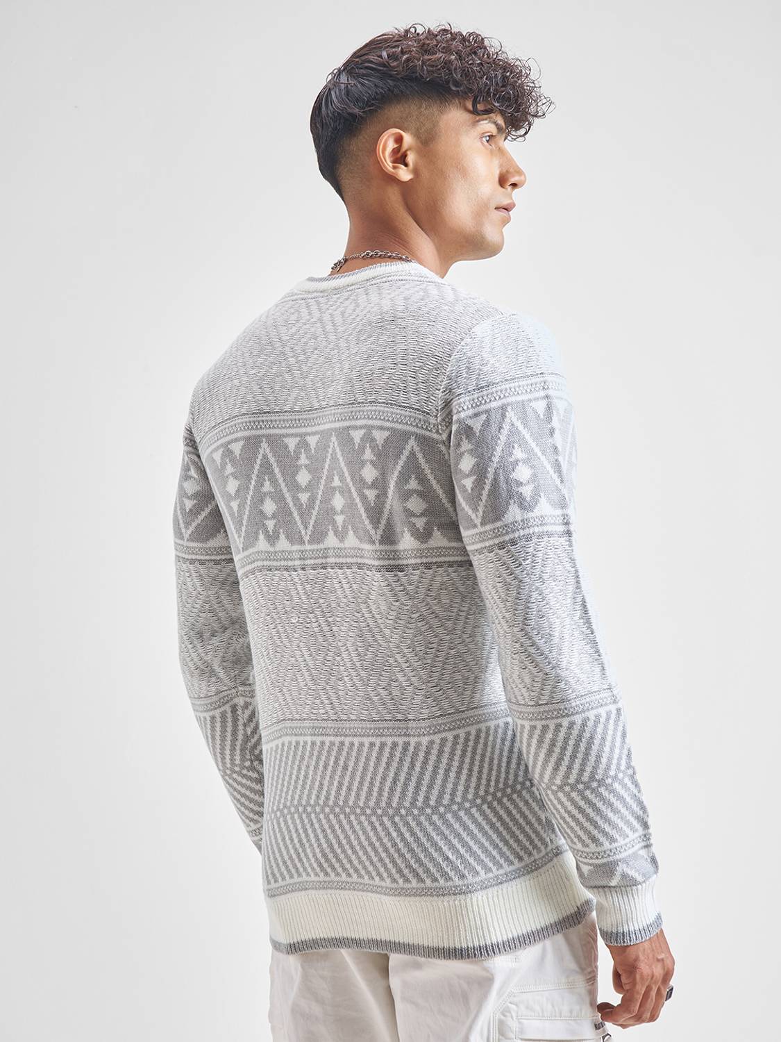 HIGHLANDER Men White Round Neck Casual Sweater - Image 2