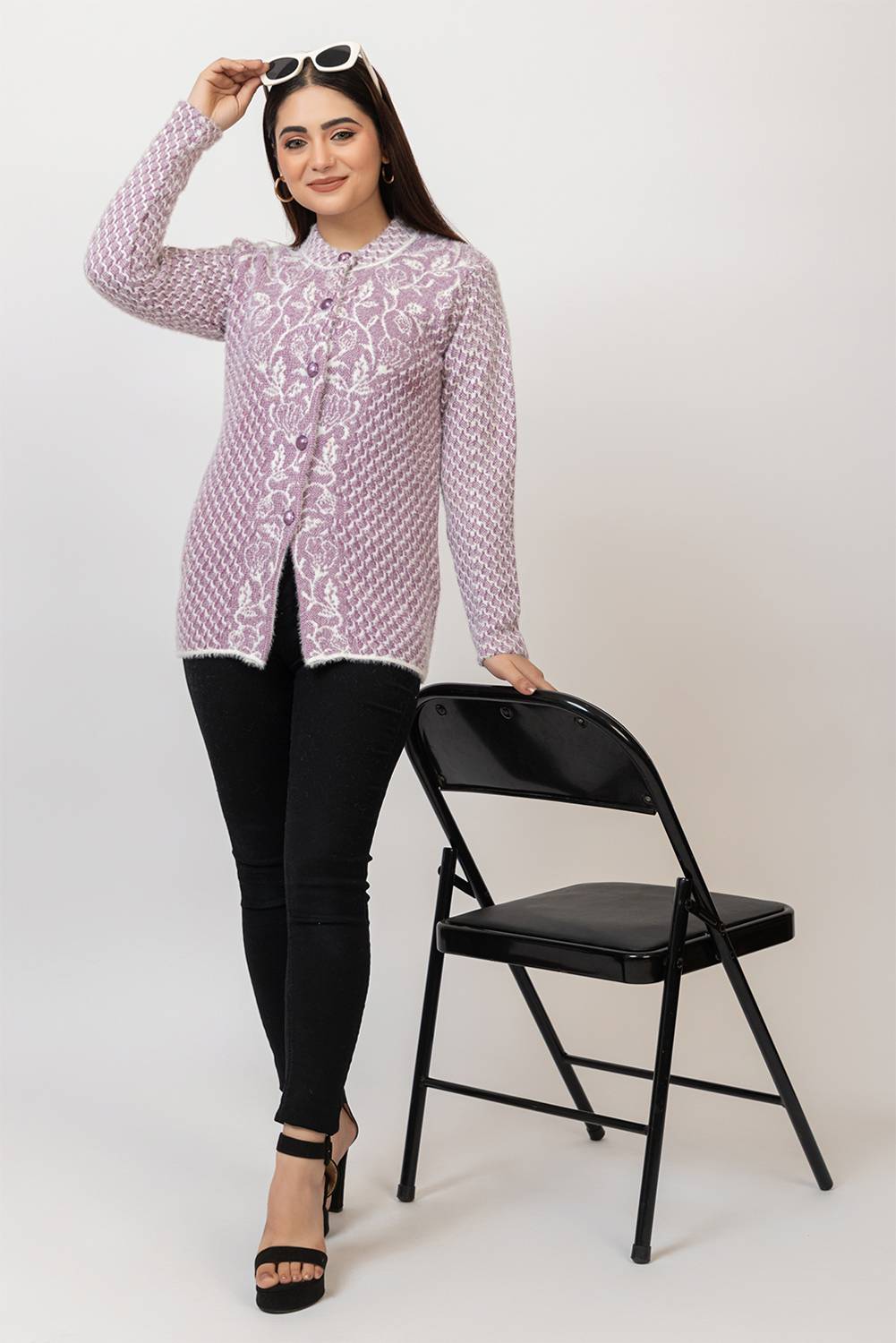 Aphrodite Floral Print Mandarin Neck Casual Women Purple Sweater