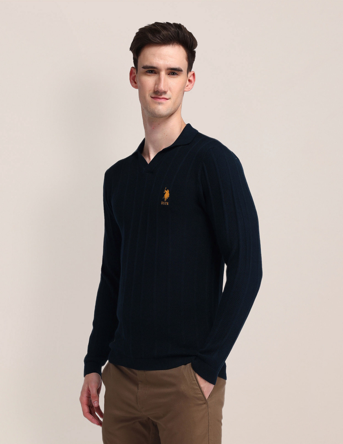 Image of U.S. POLO ASSN. Printed Collared Neck Casual Men Blue Sweater