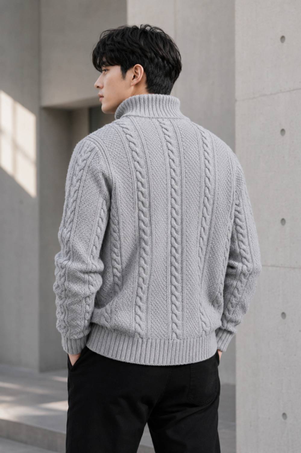 Cat Bunny Grey High Neck Men's Sweater - Image 2