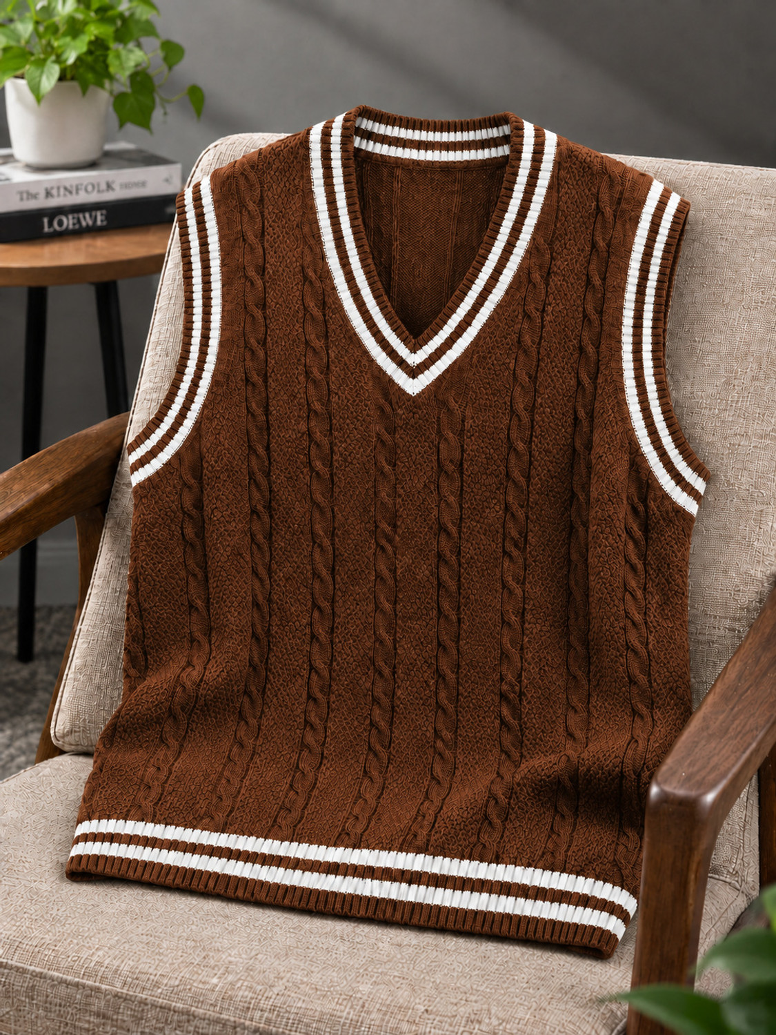 Image of trendbite Men Woven V Neck Brown Sweater
