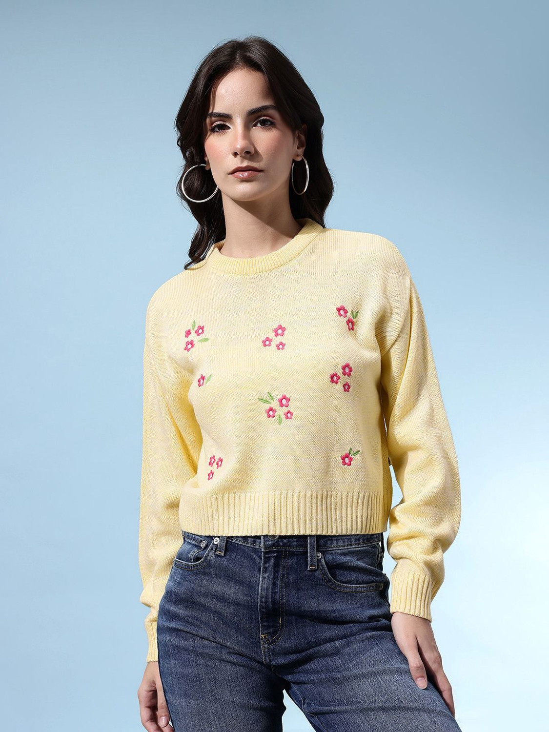 Image of Glitchez Floral Print Round Neck Casual Women Yellow Sweater
