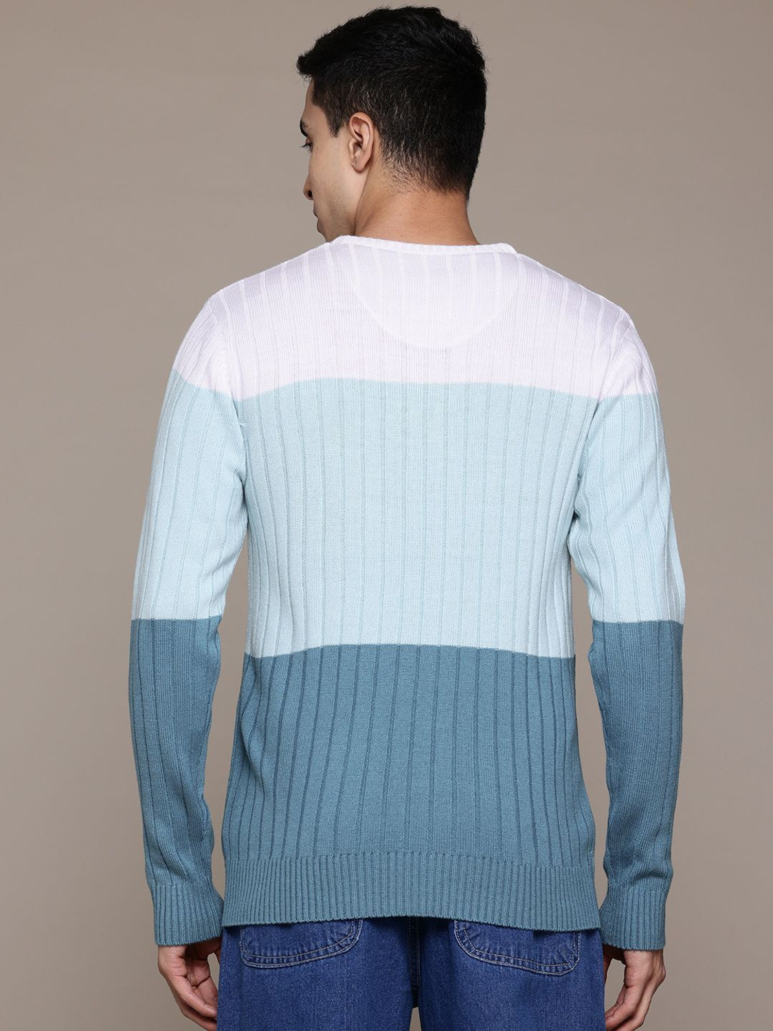 Image of Roadster Colorblock Round Neck Casual Men Blue Sweater