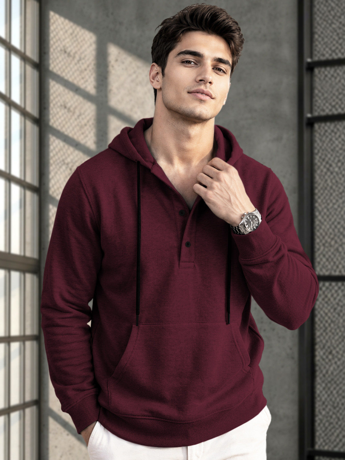 Image of TRIPR Men Solid Hooded Neck Maroon Sweater