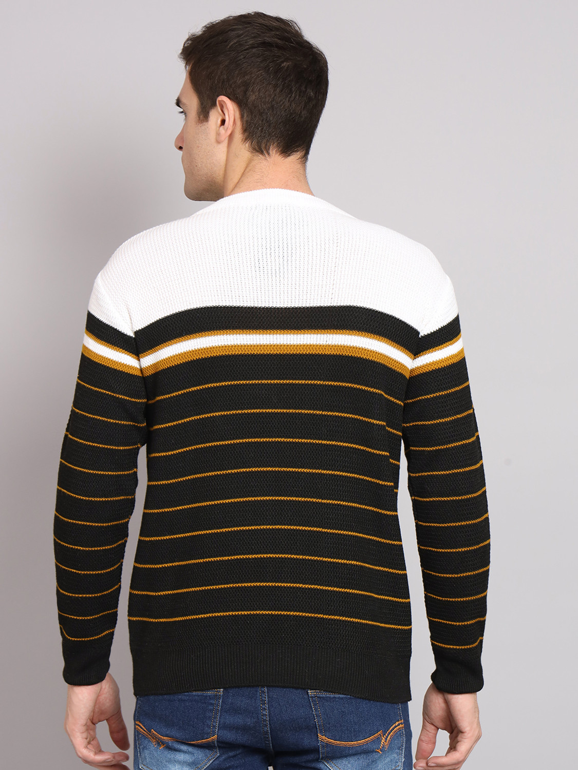Image of eWools Striped Round Neck Casual Men White Sweater