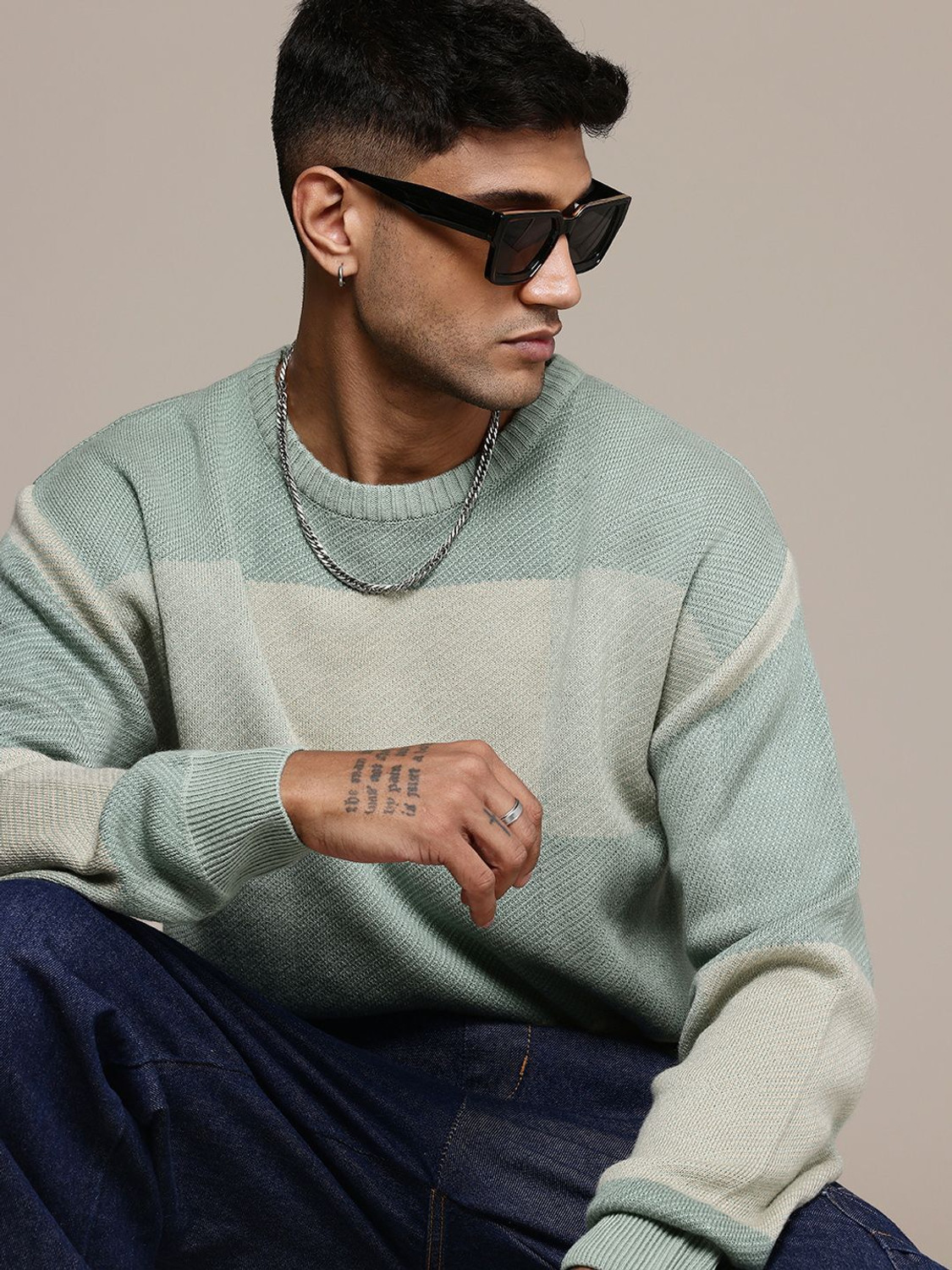 Image of Roadster Self Design Round Neck Casual Men Green Sweater