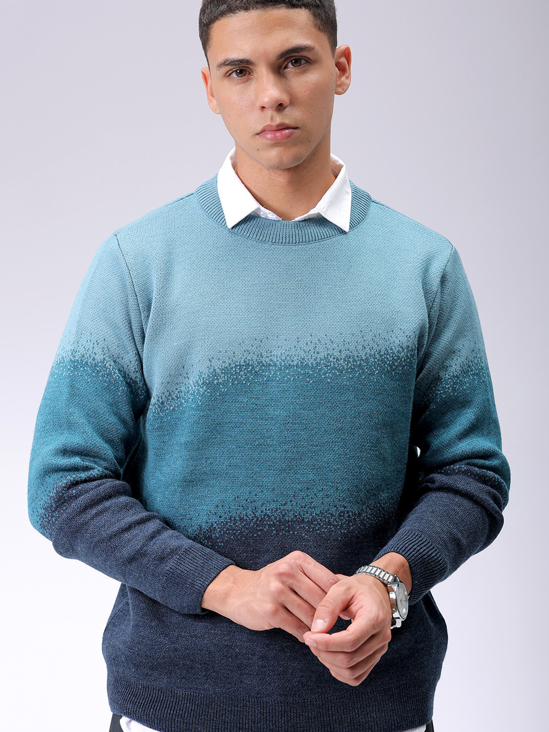 Image of The Indian Garage Co. Self Design Crew Neck Casual Men Blue Sweater