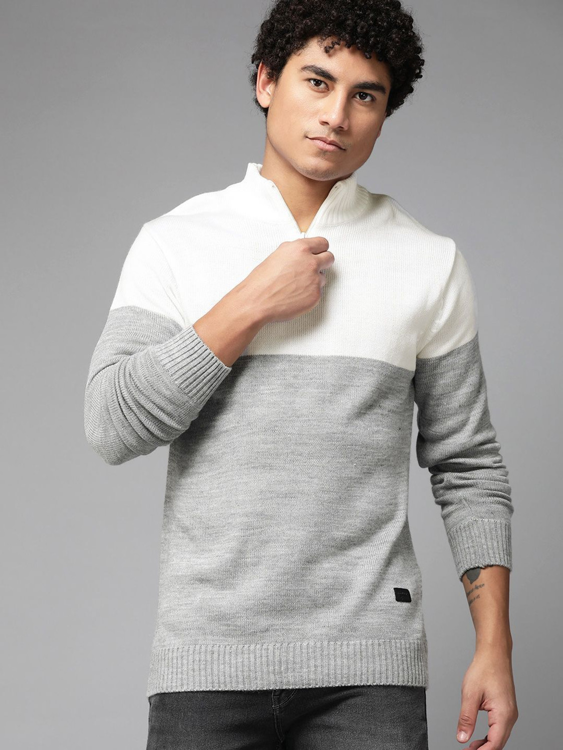 Image of Roadster Men Colorblock High Neck Grey Sweater