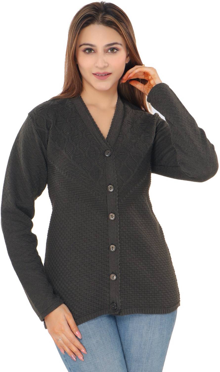 aarbee Woven V Neck Casual Women Dark Green Sweater