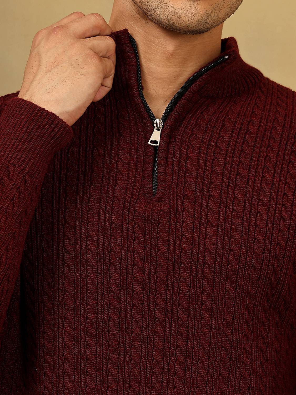 KVETOO Maroon Mandarin Neck Men's Sweater - Image 5