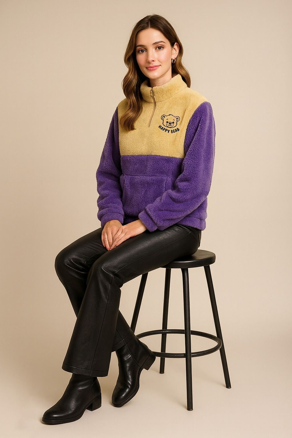 Image of THE DRY STATE Self Design High Neck Casual Women Purple, Beige Sweater