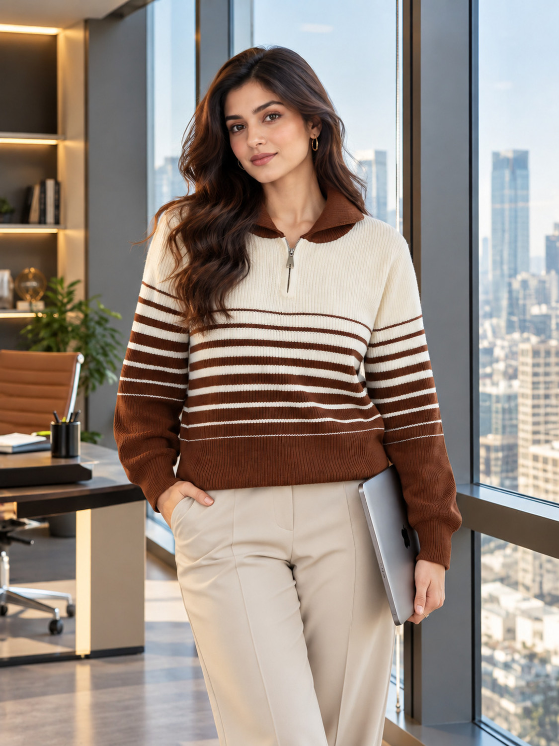 Image of Purple Imli Women Striped Collared Neck Multicolor Sweater