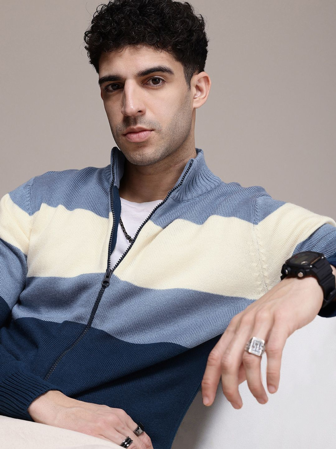 Image of Roadster Colorblock High Neck Casual Men Blue Sweater