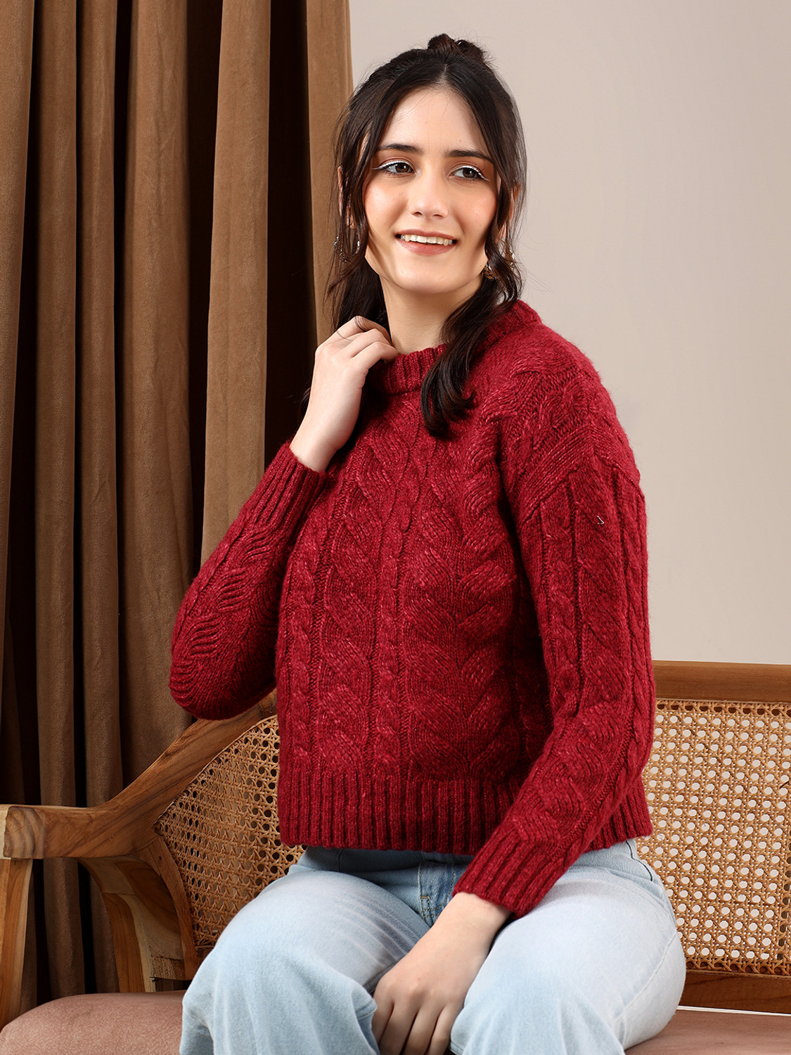 Image of KOTTY Self Design High Neck Casual Women Red Sweater